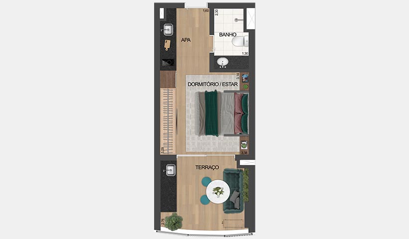 air brooklin – planta tipo do studio de 32 m² privativos com sugestão de decoração - final 16