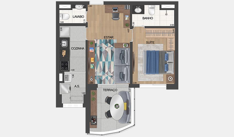 air brooklin – planta do apto. de 1 suíte tipo 50 m² privativos com sugestão de decoração - final 12