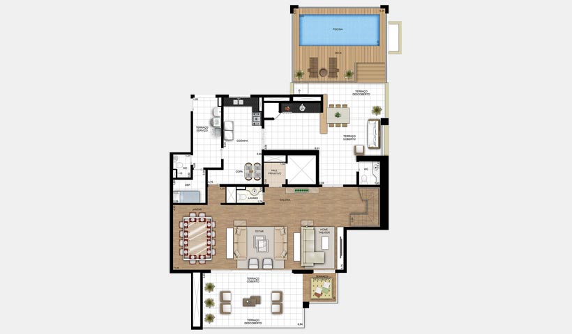 Chácara Sant’Anna – Planta duplex inferior 254 m² 4 suítes