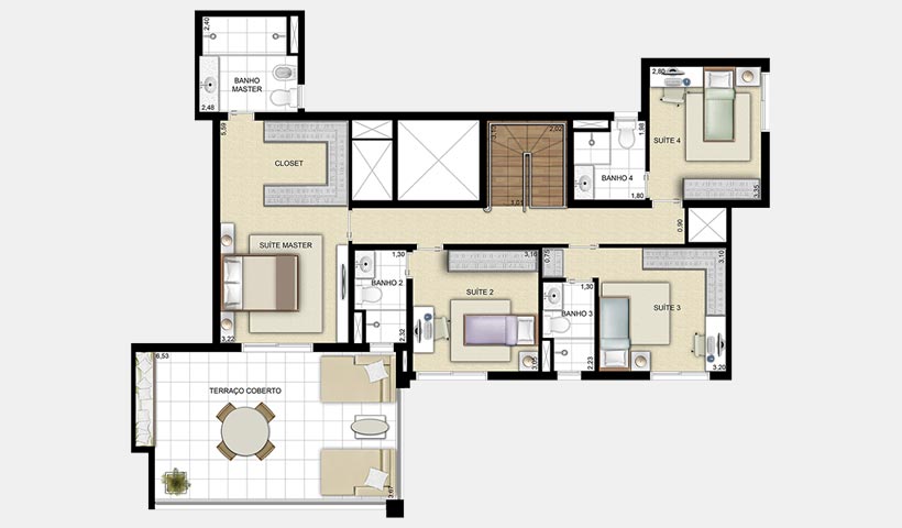 Chácara Sant’Anna – Planta duplex superior 189 m² 4 suítes