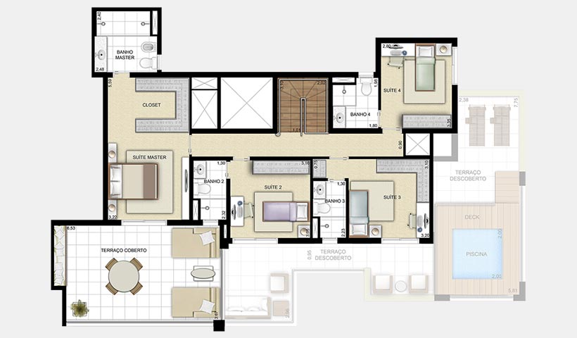 Chácara Sant’Anna – Planta duplex superior 189 m² 4 suítes