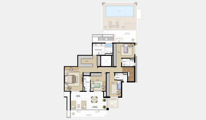 Chácara Sant’Anna – Planta duplex superior 254 m² 4 suítes