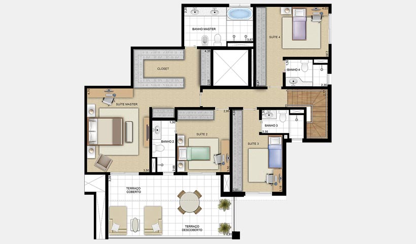 Chácara Sant’Anna – Planta duplex superior 254 m² 4 suítes