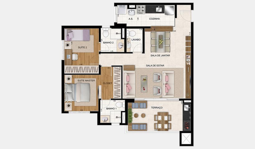 Botânica – Planta living ampliado de 86 m² 2 suítes