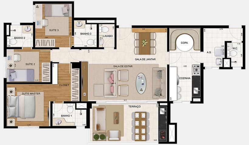 Jardim – Planta 122 m² 3 suítes