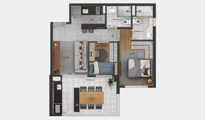 Gran Maia Giardino – Planta Tipo do Apto. de 57 m²