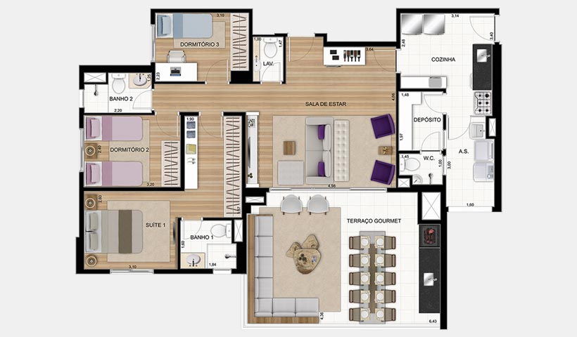 Gran Quadra Giardino – Planta de 123 m² 3 dorms. e living ampliado
