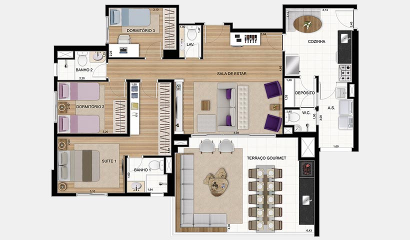 Gran Quadra Giardino – Planta de 123 m² 3 dorms. e living e cozinha ampliados