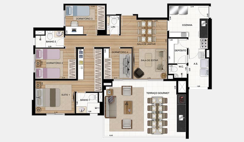 Gran Quadra Giardino – Planta de 123 m² 4 dorms.