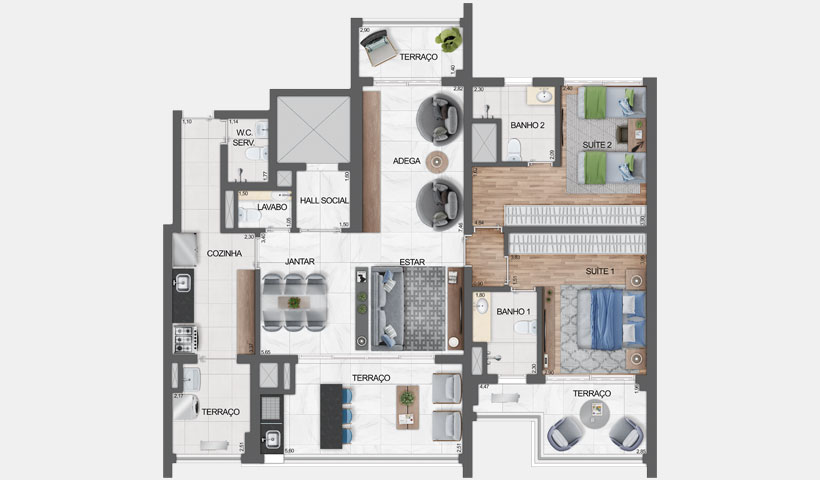 Haute Ibirapuera – Planta opção com living ampliado do apartamento de 136 m² privativos com sugestão de decoração - final 3 – 2 suítes