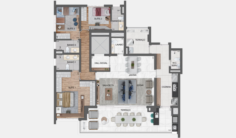 Haute Ibirapuera – planta opção com living ampliado do apartamento de 156 m² privativos com sugestão de decoração - final 2 – 3 suítes