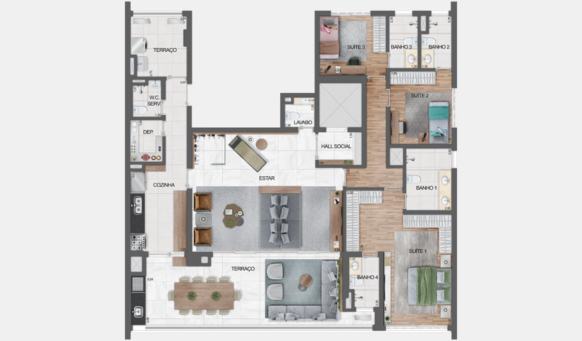 Haute Ibirapuera – planta opção com living ampliado do apartamento de 181 m² privativos com sugestão de decoração - final 1 - 3 suítes