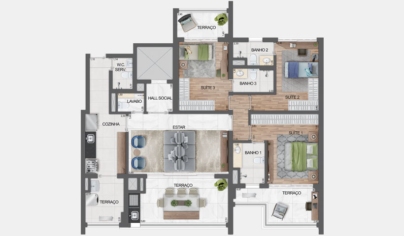 Haute Ibirapuera – planta tipo do apartamento de 136 m² privativos com sugestão de decoração - final 3 – 3 suítes