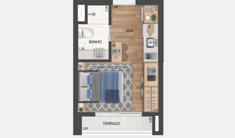 PLANTA STUDIO DE 20 M² COM SUGESTÃO DE DECORAÇÃO - FINAL 2 - RESIDENCIAL