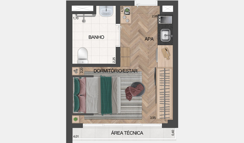 PLANTA DO STUDIO NÃO RESIDENCIAL DE 23,17M² COM SUGESTÃO DE DECORAÇÃO - FINAL 01