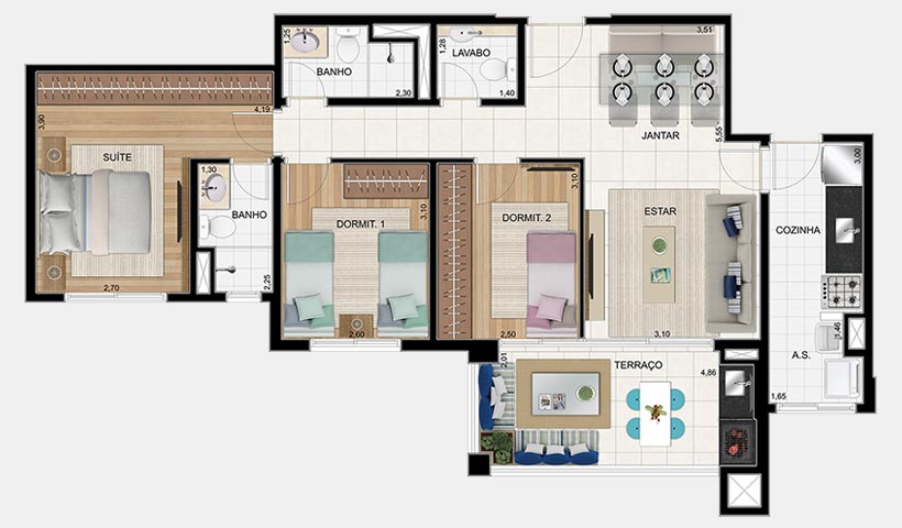 Jardins do Brasil Atlântica – Planta tipo 90 m² 3 dorms. - 2