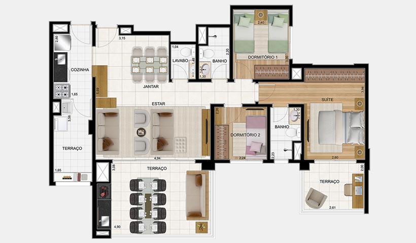 Massimo Vila Carrão – Planta opção 103 m² 3 dorms.