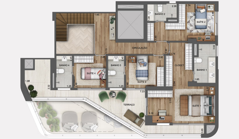 PLANTA SUPERIOR DO DUPLEX DE 270 M² COM SUGESTÃO DE DECORAÇÃO