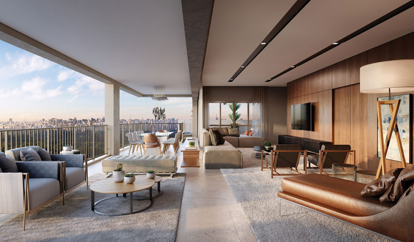 Pátrio Ibirapuera – Perspectiva Ilustrada do Living do Apto. Duplex com sugestão de decoração