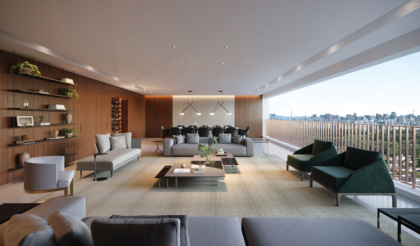 Pátrio Ibirapuera – Perspectiva Ilustrada do Living Integrado ao Terraço do Apartamento de 280 m² privativos com sugestão de decoração