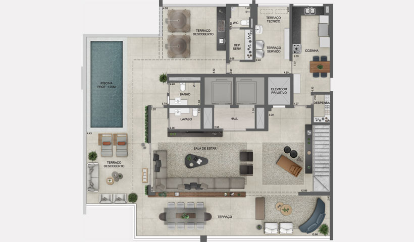 Pátrio Ibirapuera - Planta Apto. Duplex Superior com sugestão de decoração