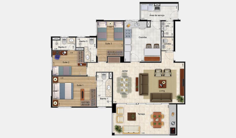 Premiatto Jundiaí – Planta opção de 132 m²