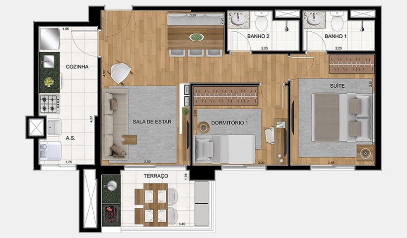 Quality House Ana Costa – Planta 63 m² 2 dorms.