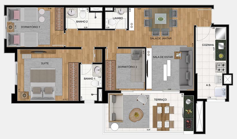 Quality House Ana Costa – Planta 88 m² 3 dorms.