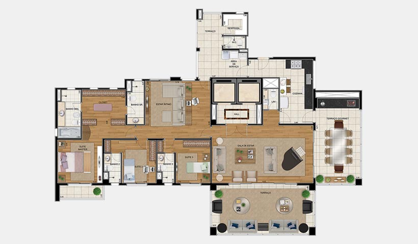 Sophis Santana – Planta opção 1 264 m² 3 dorms.